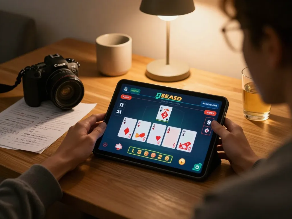 Engaging gameplay on 98win as a player navigates a blackjack game on their tablet.