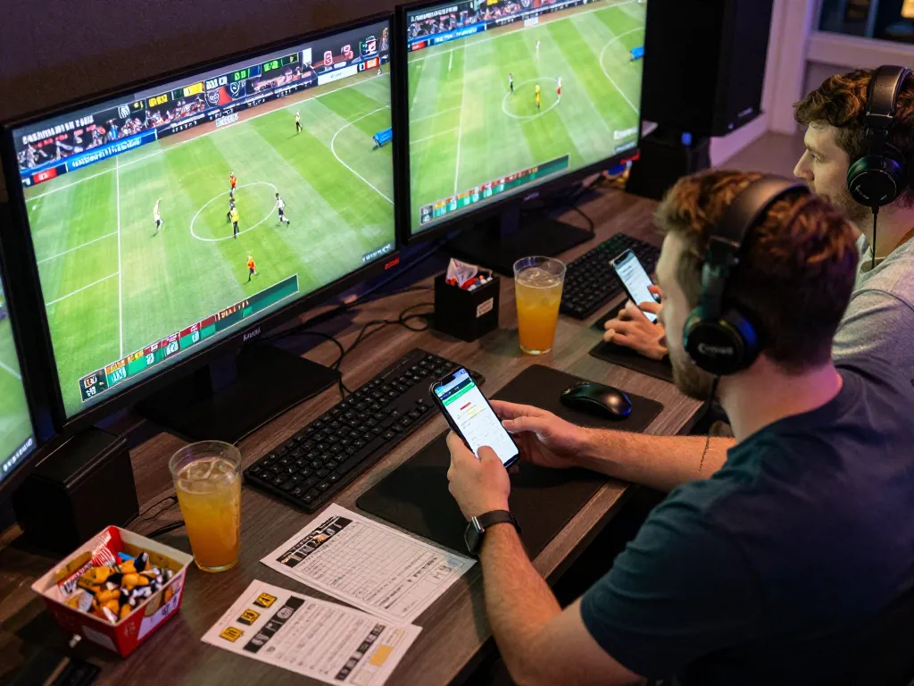 Engaging scene of sports betting at home showcasing Trang chủ PUB88 mobile app in use