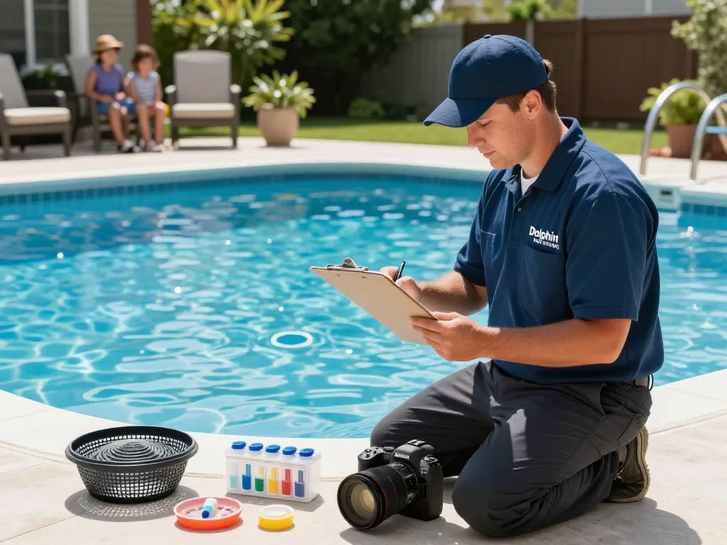 Dolphin Pool Services technician inspecting pool equipment in a sunny Virginia backyard.