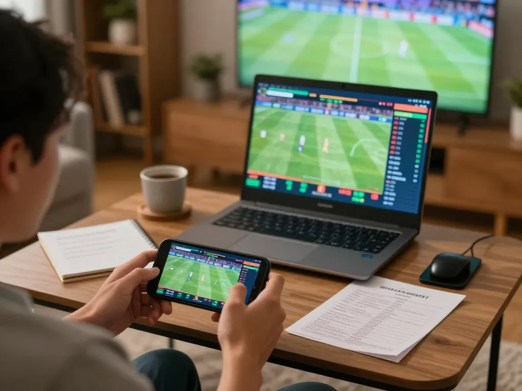 person engaged in online sports betting at home using https://n188.build/ on smartphone during live match