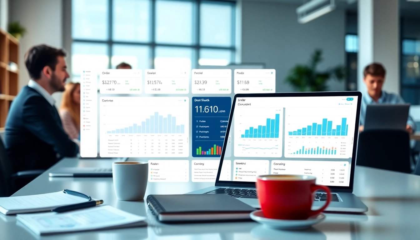 Engaging order processing software dashboard displaying key metrics and order details in a professional office environment.