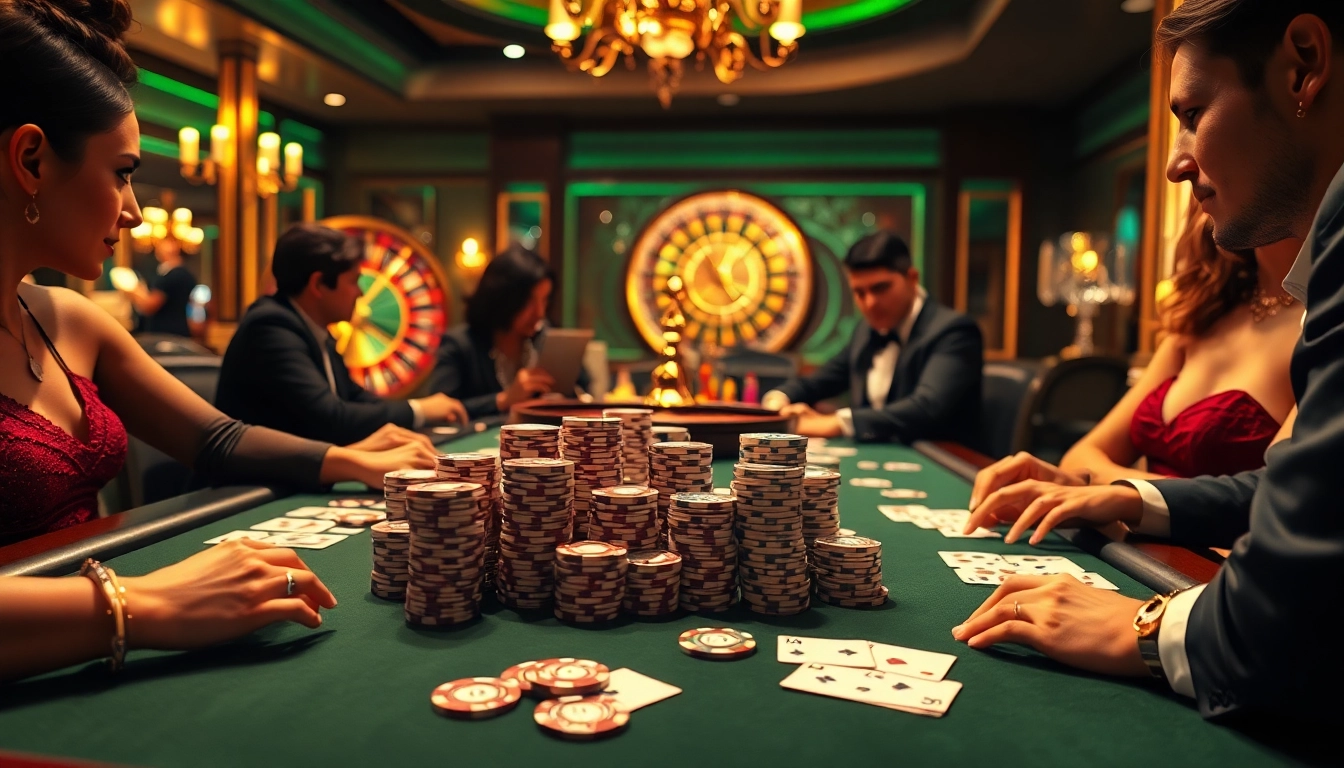 Exciting poker players strategizing in a stylish casino, embodying sex games ai within a glamorous atmosphere.
