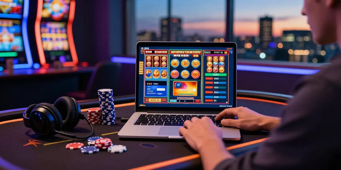 Player exploring visa casinos with vibrant game graphics and credit card options at a stylish gaming setup.
