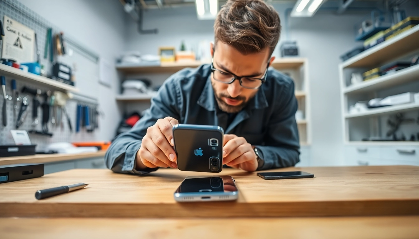 Repairing broken iPhone cash experience with a skilled technician in a modern workspace.