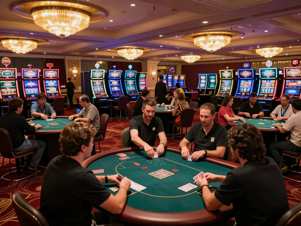 A dynamic casino scene showcasing active players at tables while exploring the Website MM88 for online betting.