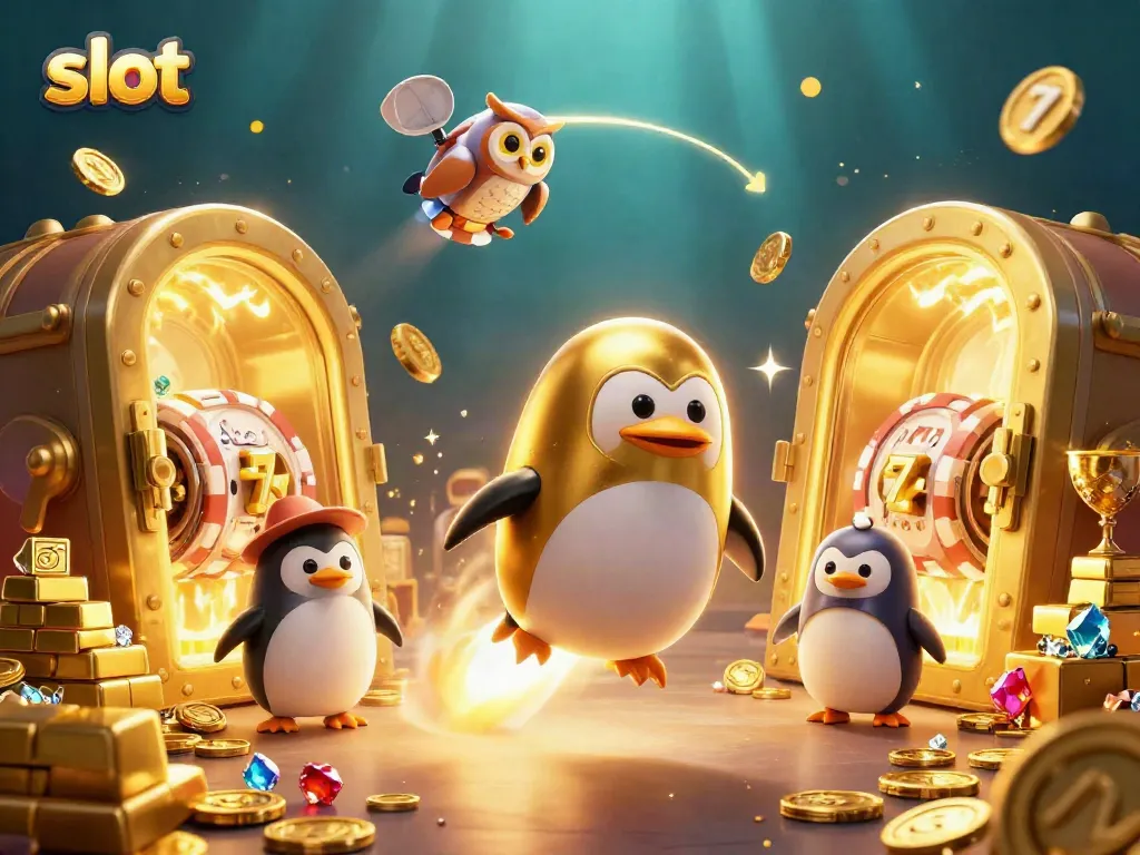 Spin and win with slot games in a vibrant 3D casino illustration featuring a golden penguin.