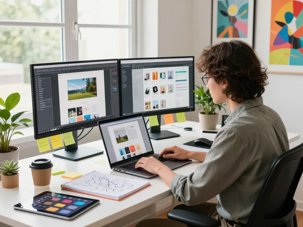 Freelance web designer working in a modern studio with design tools and vibrant decor.