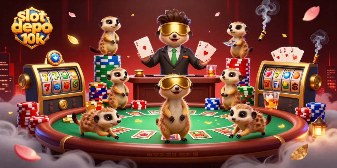 Engaging scene depicting meerkats managing a vibrant casino with slot depo 10k elements, showcasing gambling excitement.