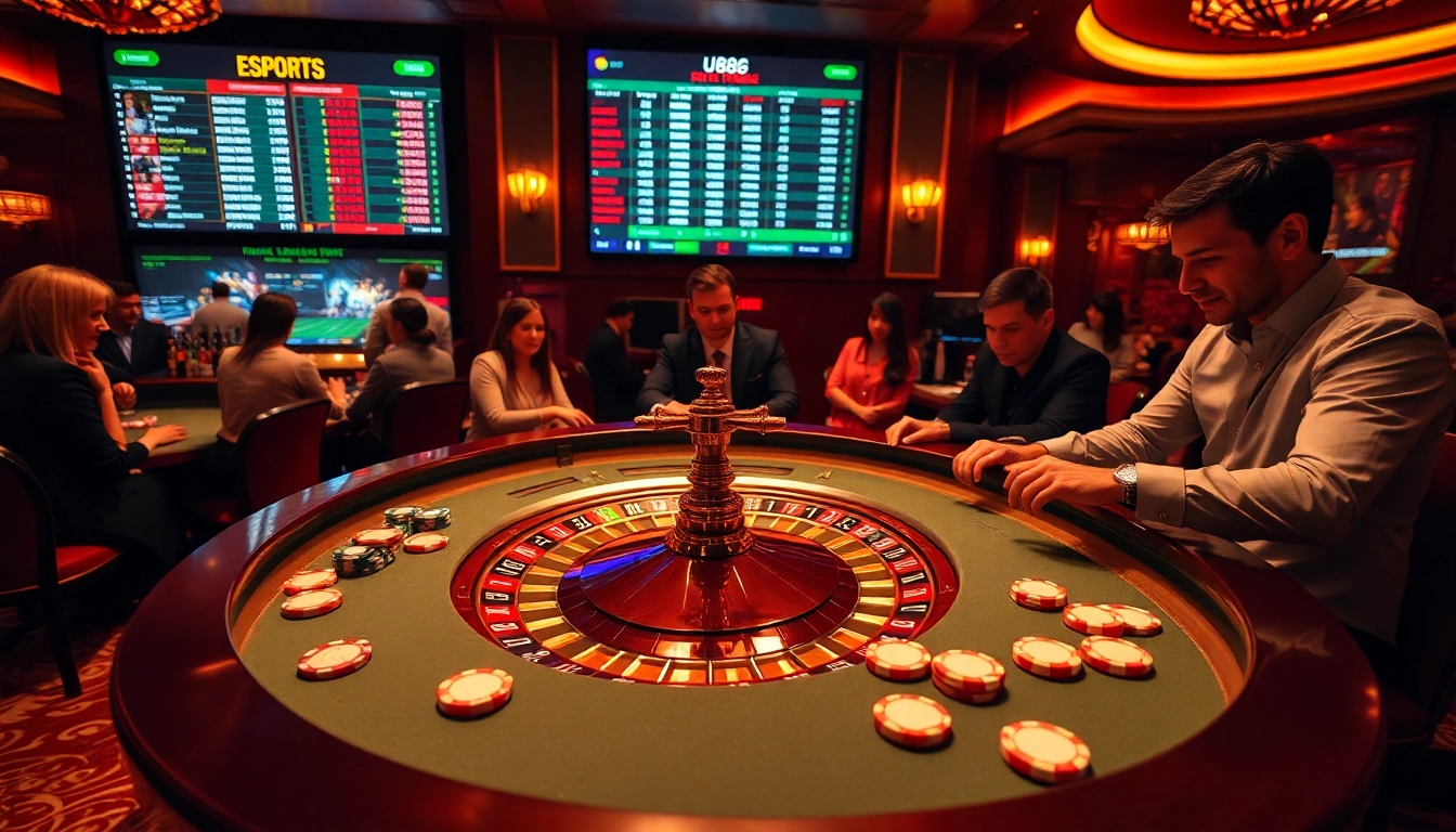 U888 gamblers placing strategic bets at an elegant roulette table in a modern casino setting.