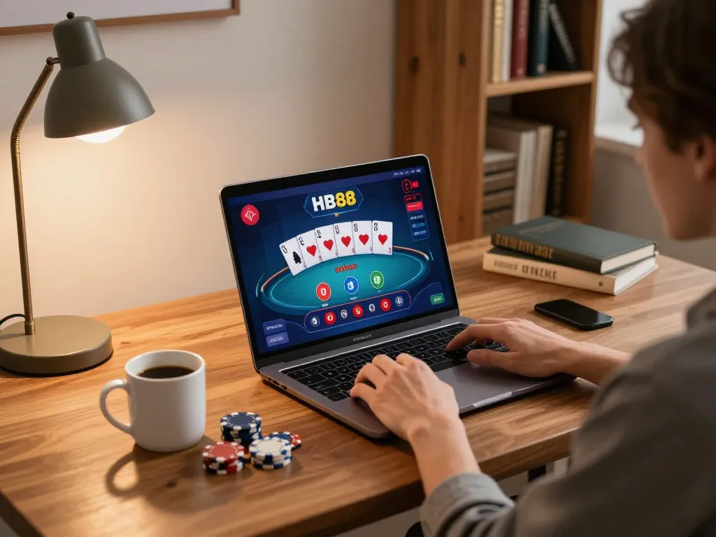 Player enjoying HB88 online poker game from a cozy home setup with chips and drinks.