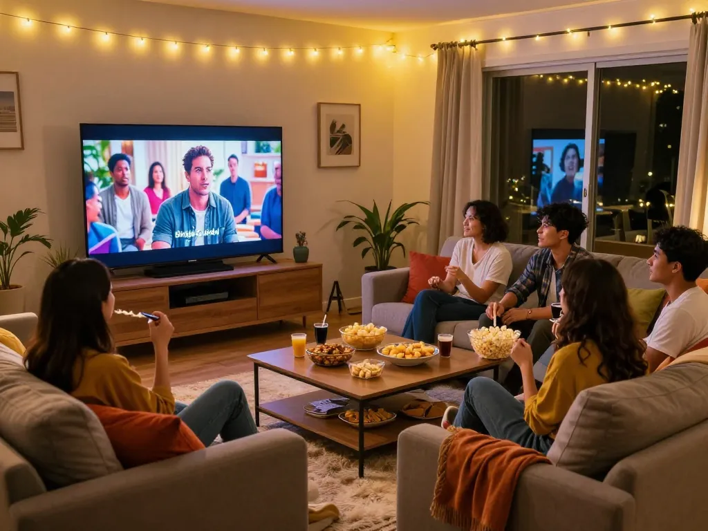 A group of friends enjoying their favorite TV series from the Binge Guide in a cozy living room filled with snacks and warm lighting.