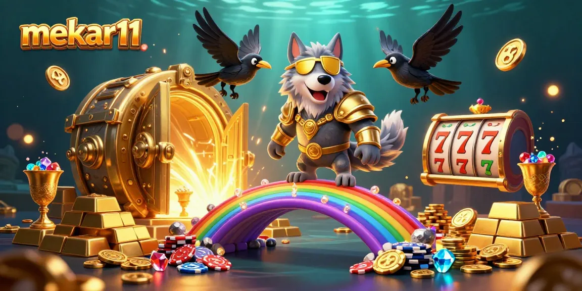 Mekar11 attracts players with jackpots amidst a vibrant scene filled with gold and gems.
