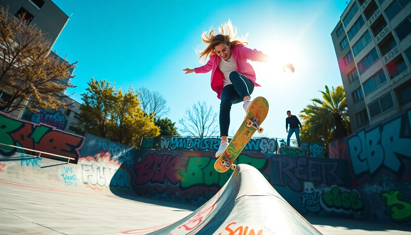 Skateboarders enjoying a Stage de skate paris, showcasing vibrant tricks in an urban setting.