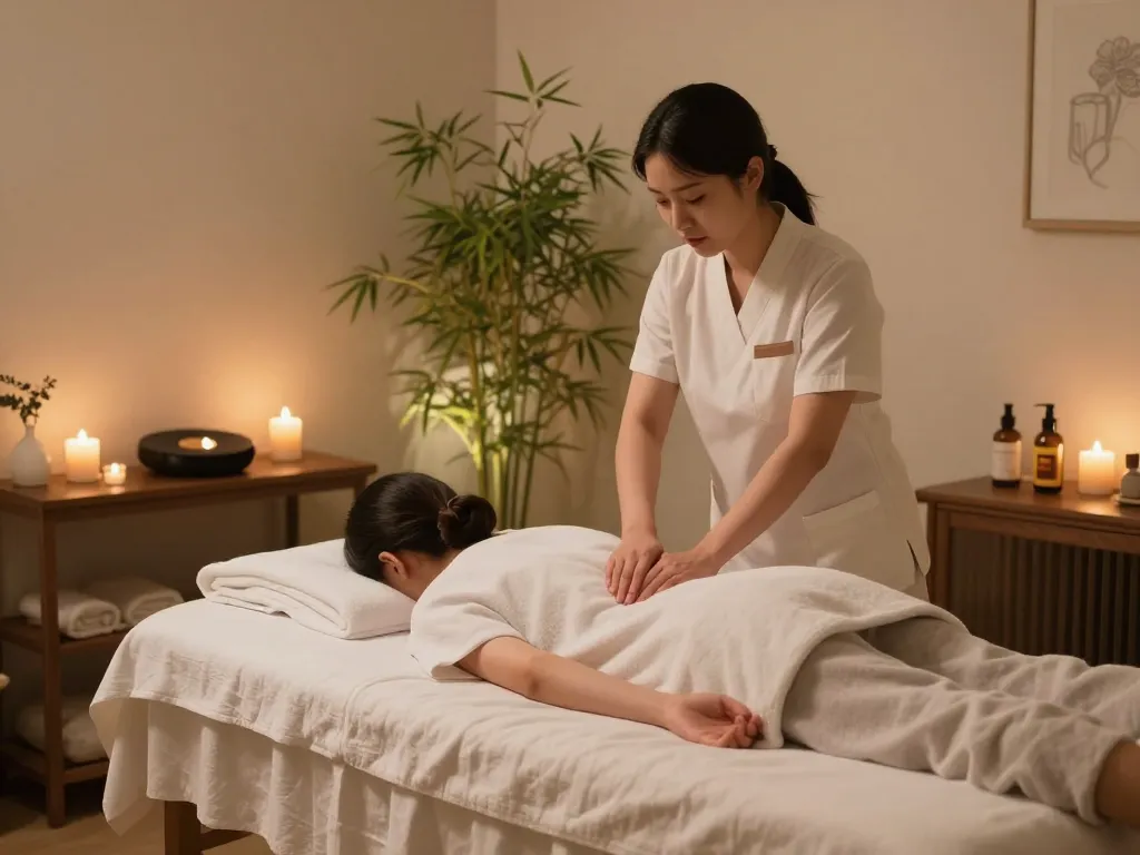 Tranquil Dongdaemun Swedish massage spa treatment room with soft lighting, calming decor, and professional setup for relaxation.