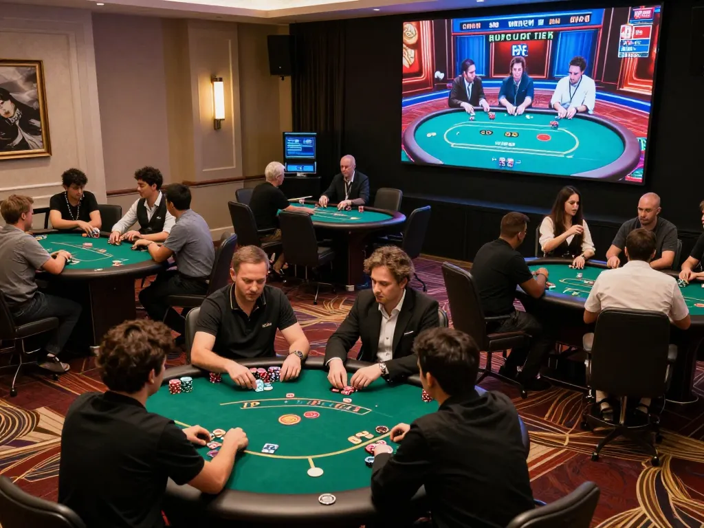 Players engaging at a VIP poker table in upscale online casino environment featuring vipwin