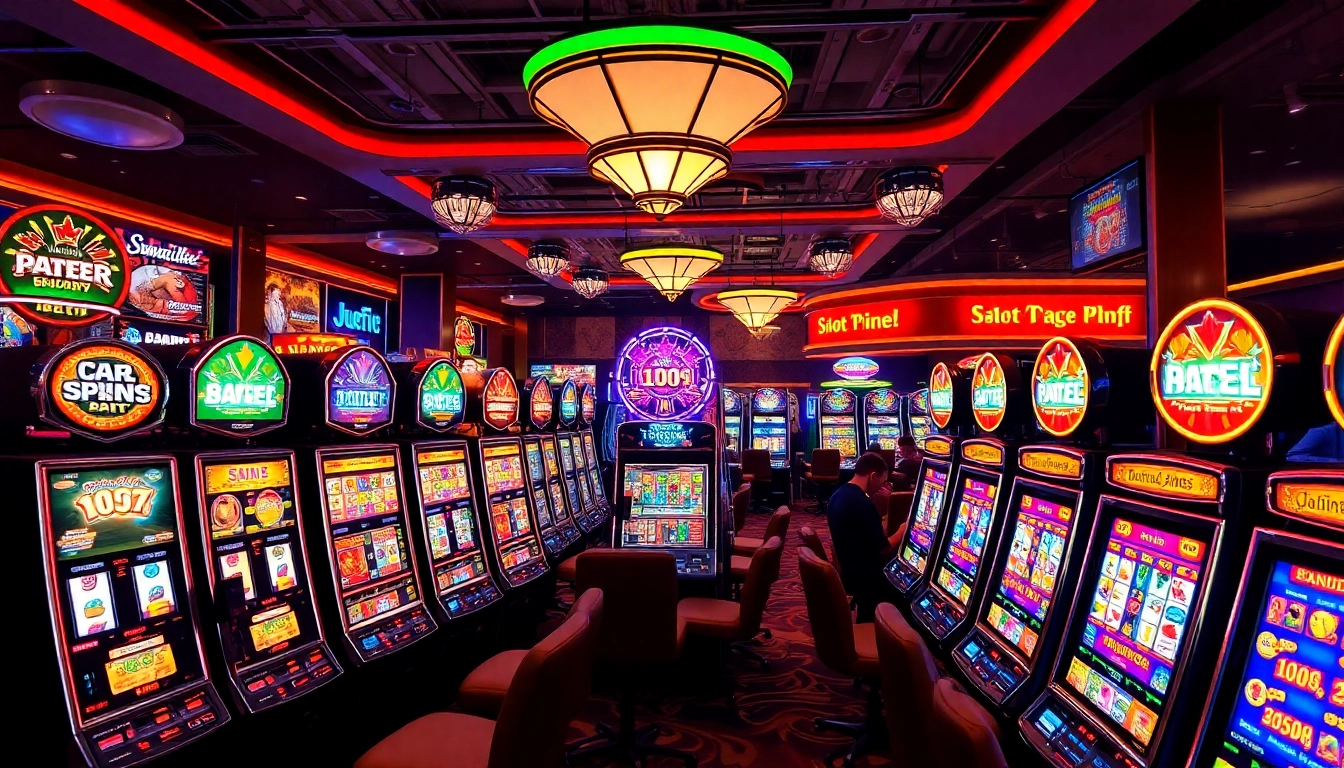 Experience the thrill of slot777 with brightly lit slot machines in a vibrant casino setting.