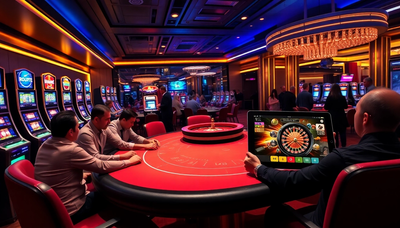 Players enjoy a thrilling game night at OKFUN Casino with vibrant lights and exciting slot machines.