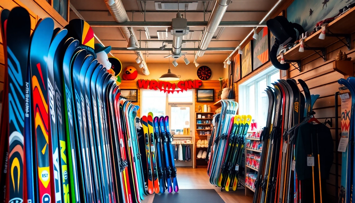 Ski shop Andover, MA featuring vibrant display of ski equipment and apparel in a cozy setting.
