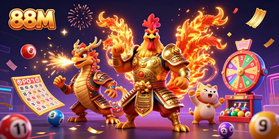 88M showcases a vibrant online casino scene with a rooster warrior, dragon hatchling, and lucky symbols, amplifying excitement.