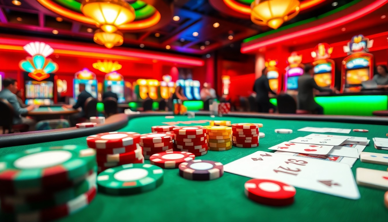 Casino spielen an einem lebhaften Tisch mit aufregenden Pokerchips und Karten.