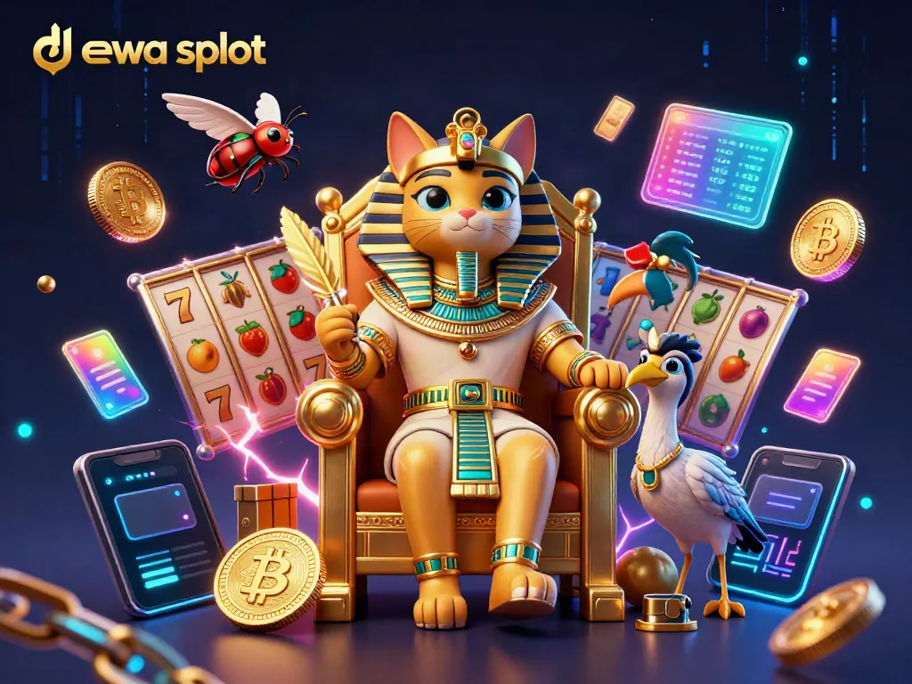 Gambarkan permainan dewa slot dengan karakter kucing firaun, simbol slot, dan mata uang kripto.