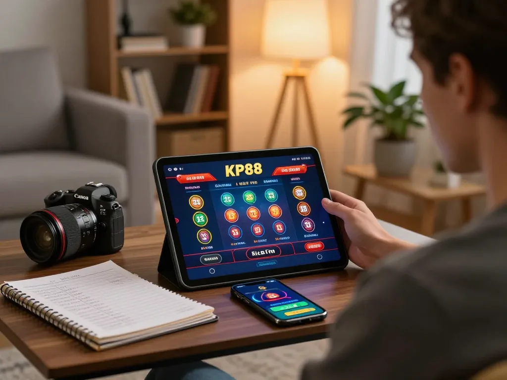 Engaging with KP88 casino app on tablet in cozy living room setting, showcasing online gaming and strategy.