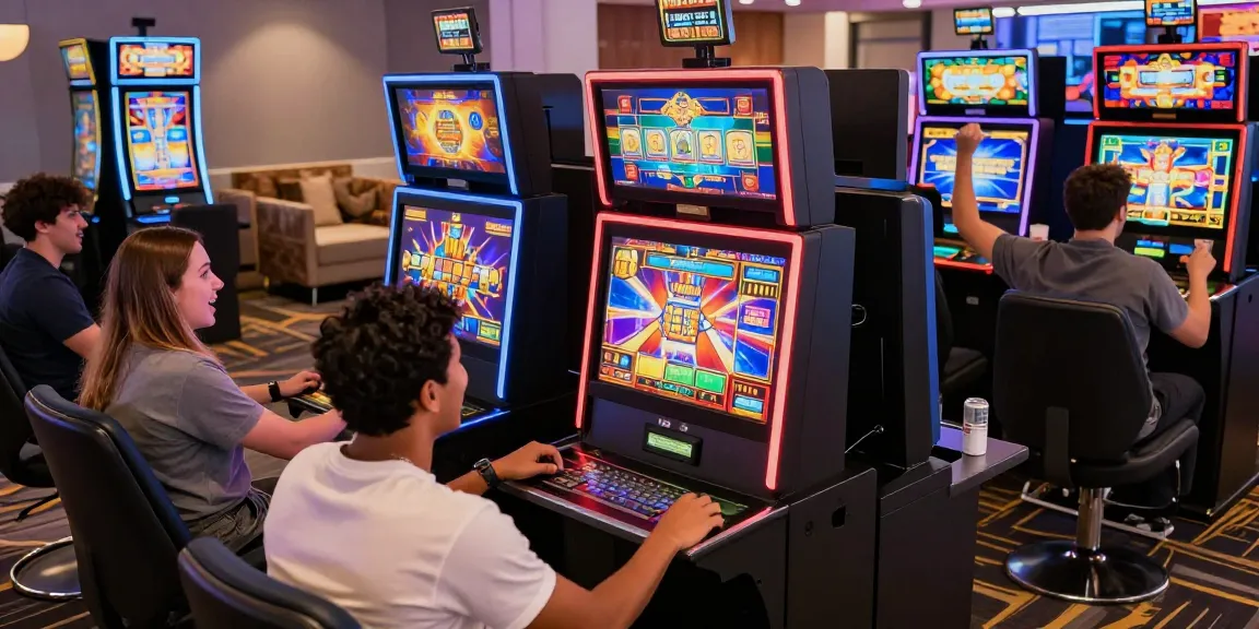 Dynamic online slot gaming atmosphere with diverse players and glowing machines.