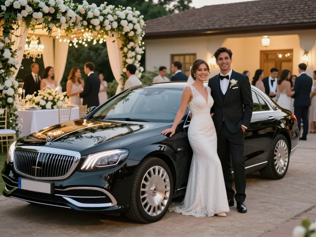 Thuê một chiếc Mercedes cho đám cưới của bạn, showcasing những cảnh cưới sang trọng với cặp đôi bên chiếc xe thanh lịch.