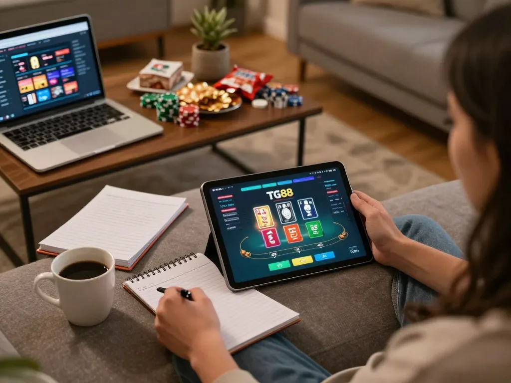 Engaging gameplay on the TG88 app with user strategizing poker bets from a cozy home setting.