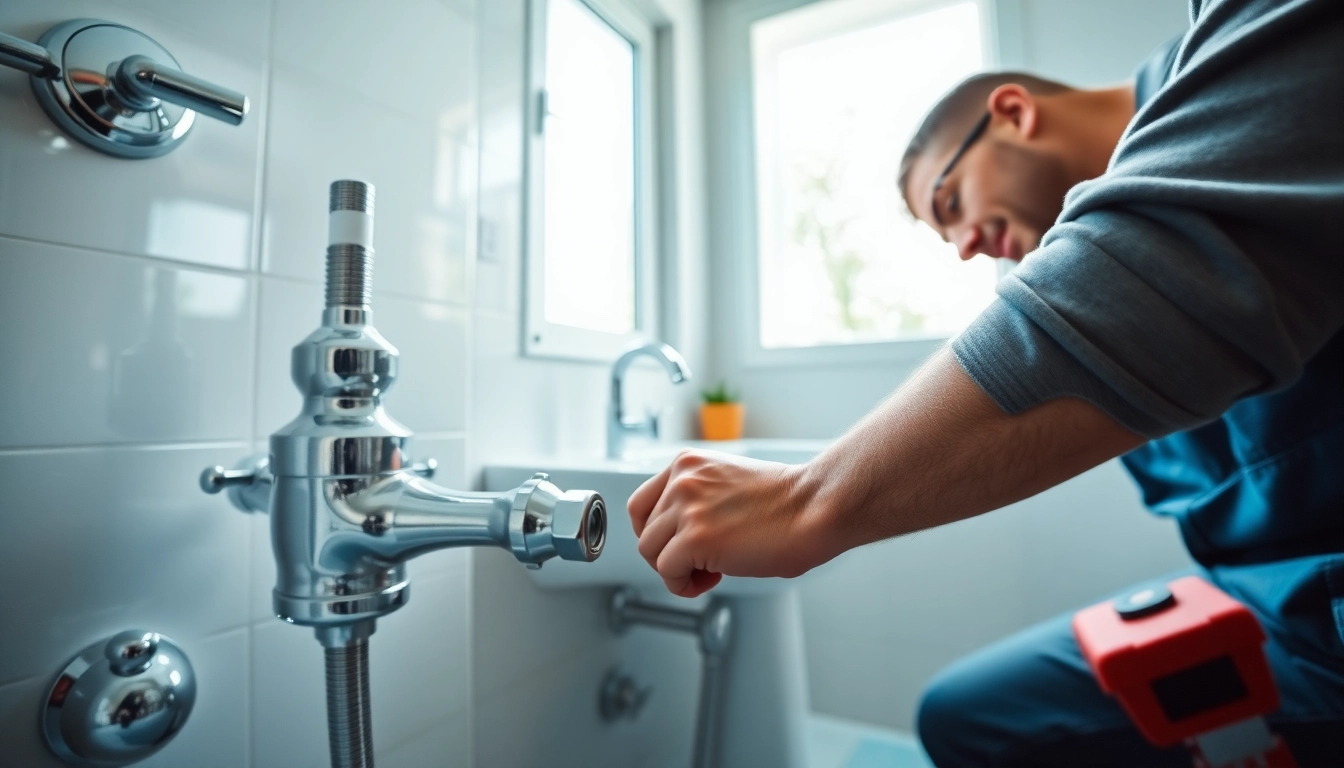 Efficient plumber demonstrating solutions for bizzy bee plumbing in a bright bathroom.