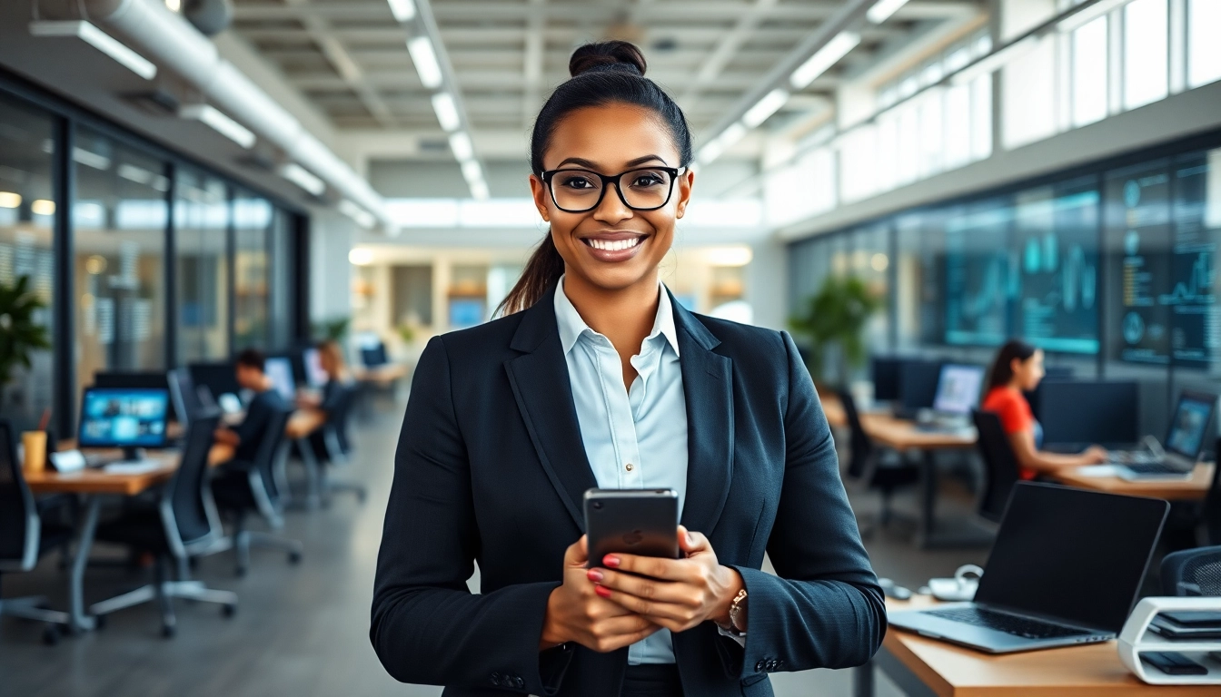 Enhance productivity with an enterprise assistant in a modern office setting, featuring digital technology.