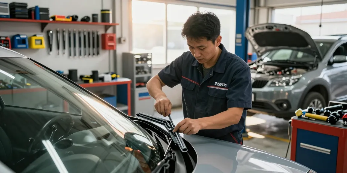 Mechanic installing hybrid wiper blade in a modern garage, ensuring optimal vehicle visibility.