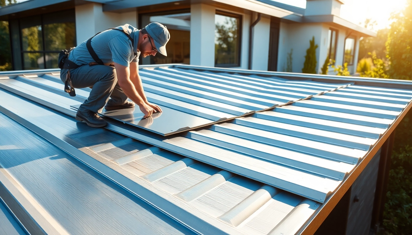 Installing metal roofing toronto panels on a modern home with a skilled roofer in action.