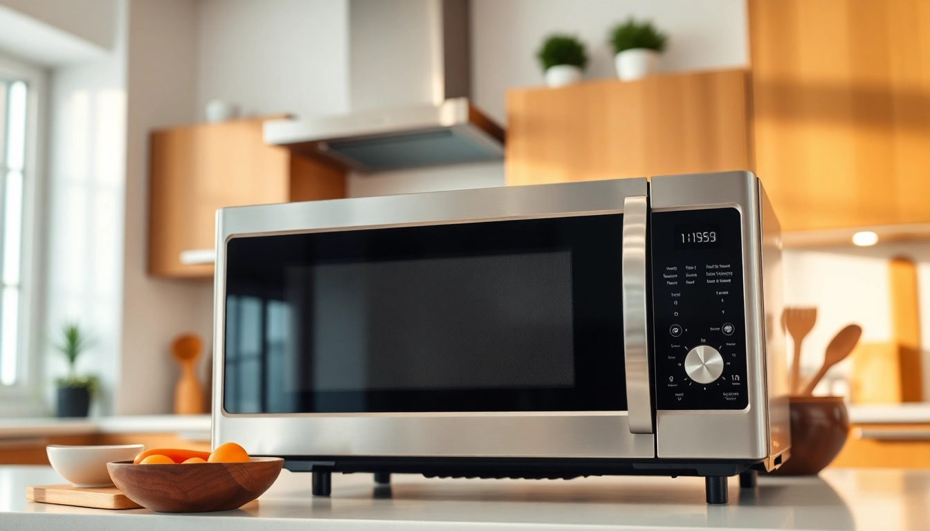 Highlighting microwave oven sales with a modern stainless steel model in an inviting kitchen.