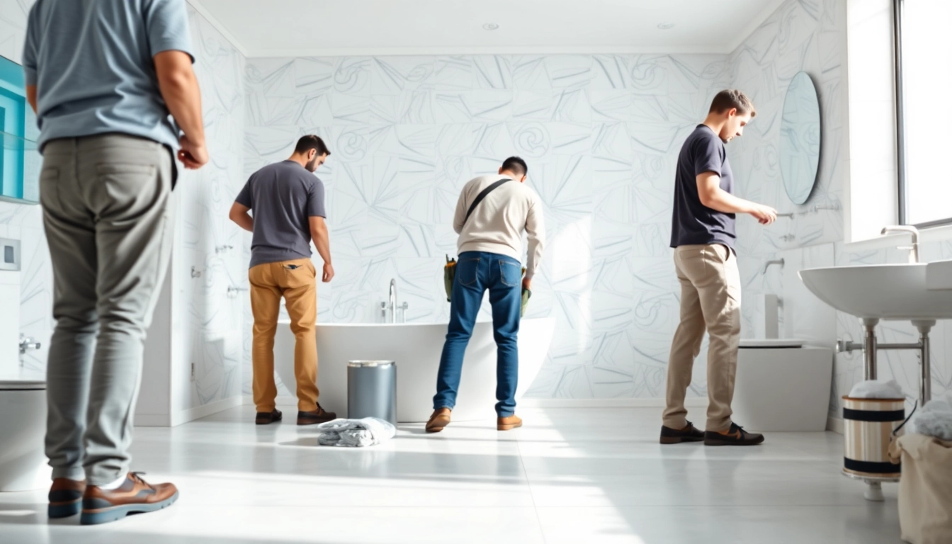 Bathroom installers actively renovating a modern bathroom with elegant fixtures and tiles.