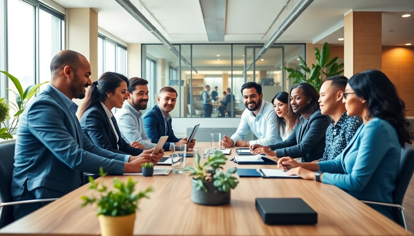 Team collaborating on US business services strategy in a modern office environment