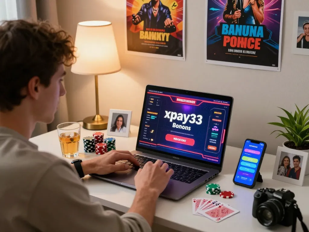 xpay33 bonuses enhancing an online casino player's experience at home, with vibrant gaming graphics and cozy ambiance.
