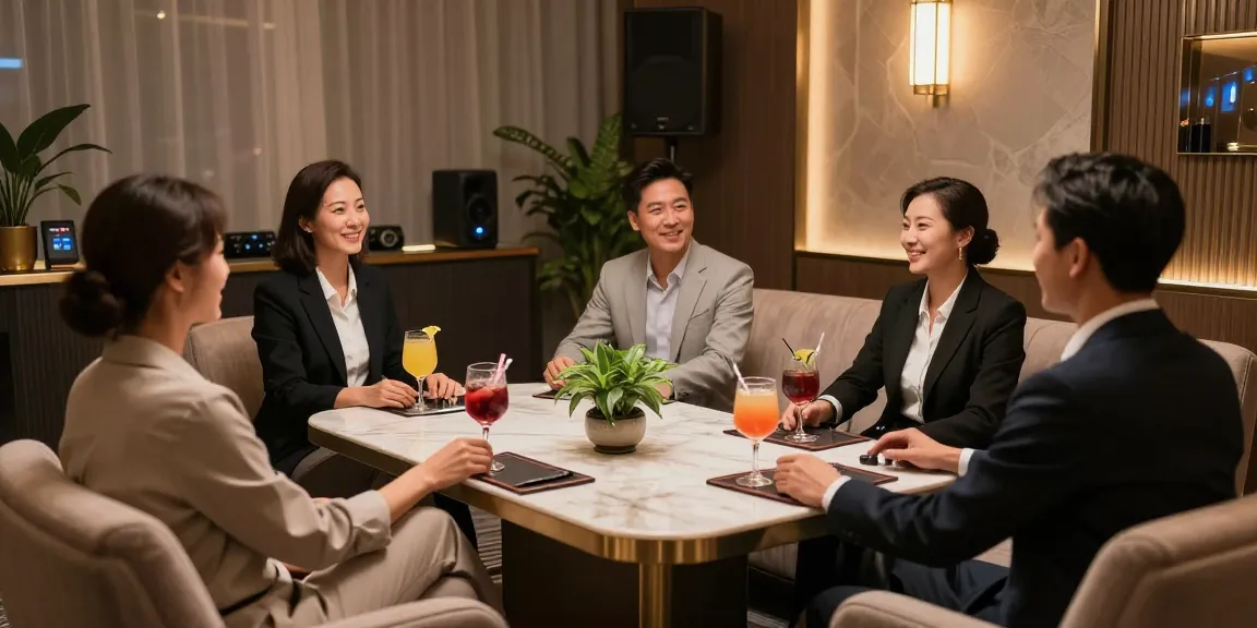 강남구구단에서 고급스럽게 꾸며진 카라오케 룸에서 비즈니스 미팅을 즐기는 모습