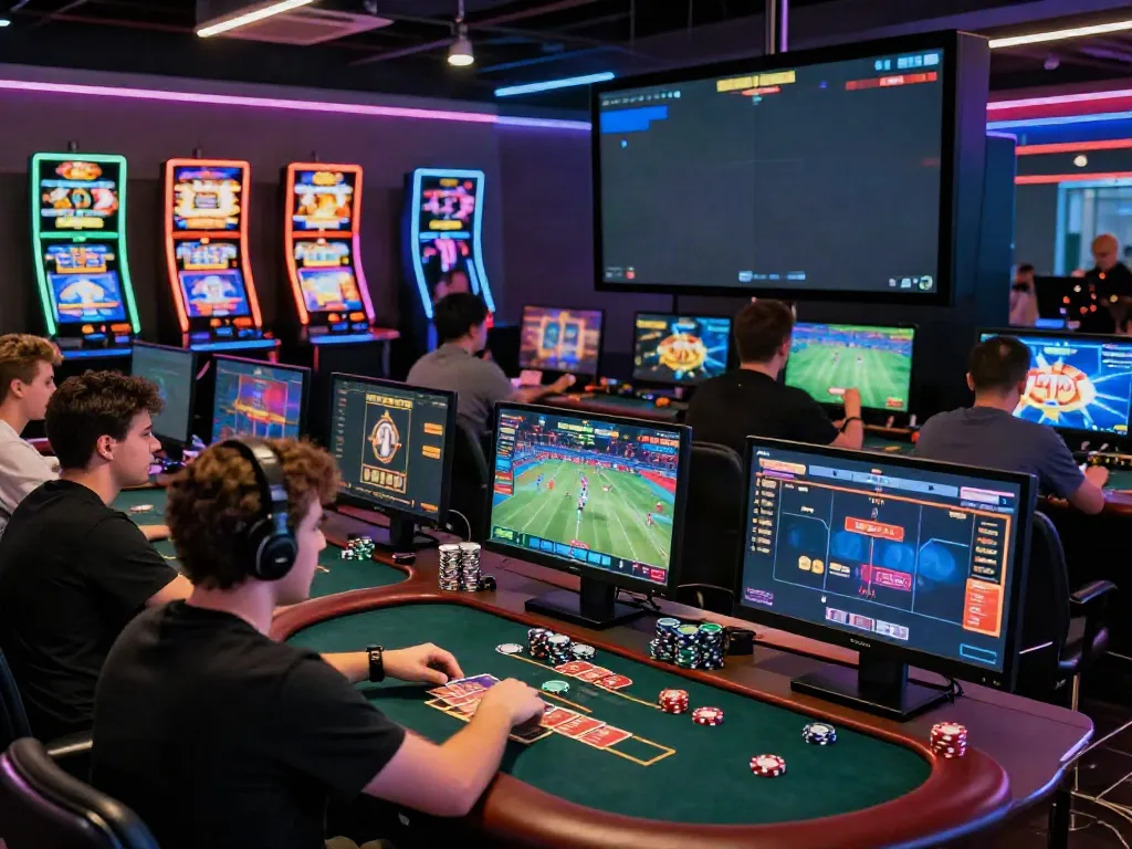 Engaged players at ORION88's online gaming platform enjoying vibrant games and sports betting in a lively casino setting.