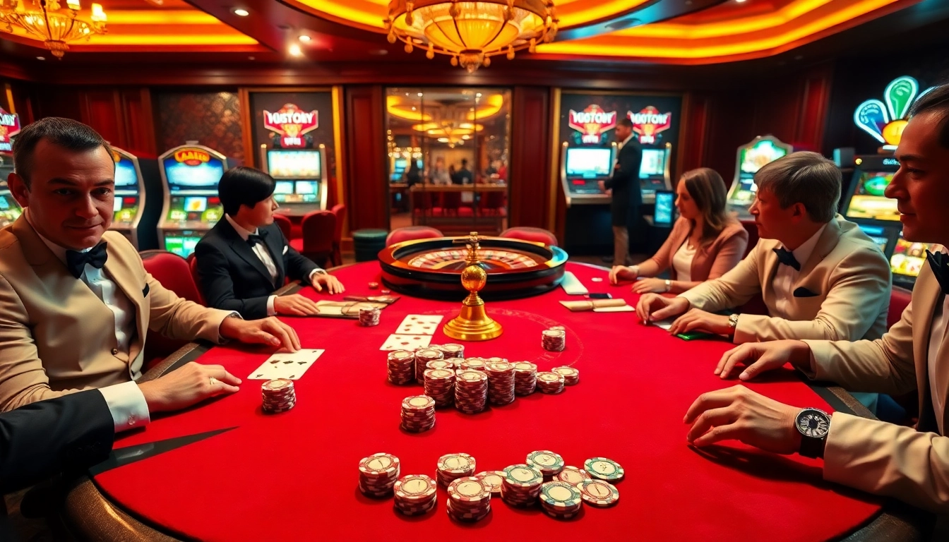 KPI4D players strategizing around a luxurious poker table at an upscale casino.