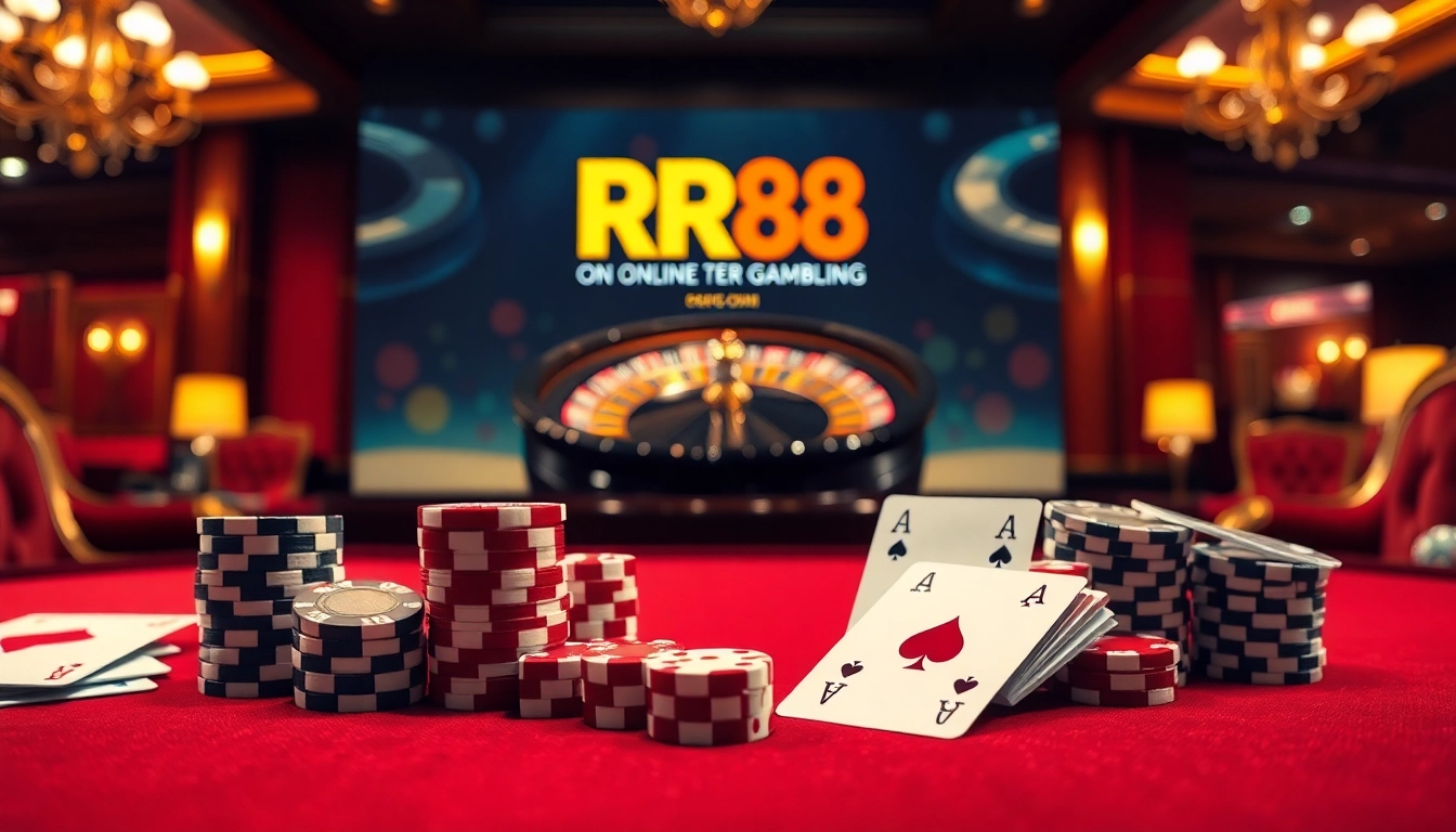 RR88 players celebrating wins at a vibrant, luxurious casino table with poker chips and cards.
