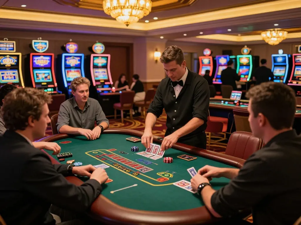 Players showcasing their skills at G28 blackjack table surrounded by vibrant casino atmosphere.