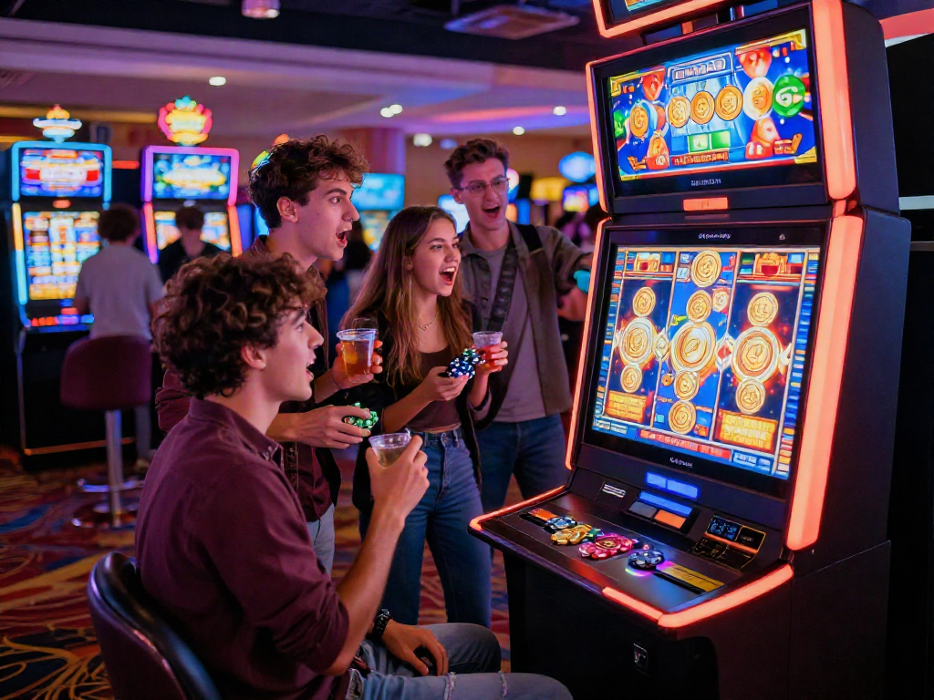 Excited friends enjoying a slot bonus at a casino gaming machine surrounded by vibrant lights and sounds.