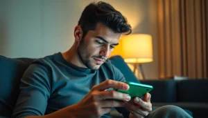 Engaged user exploring the best sports betting sites in India on their smartphone in a cozy living room.