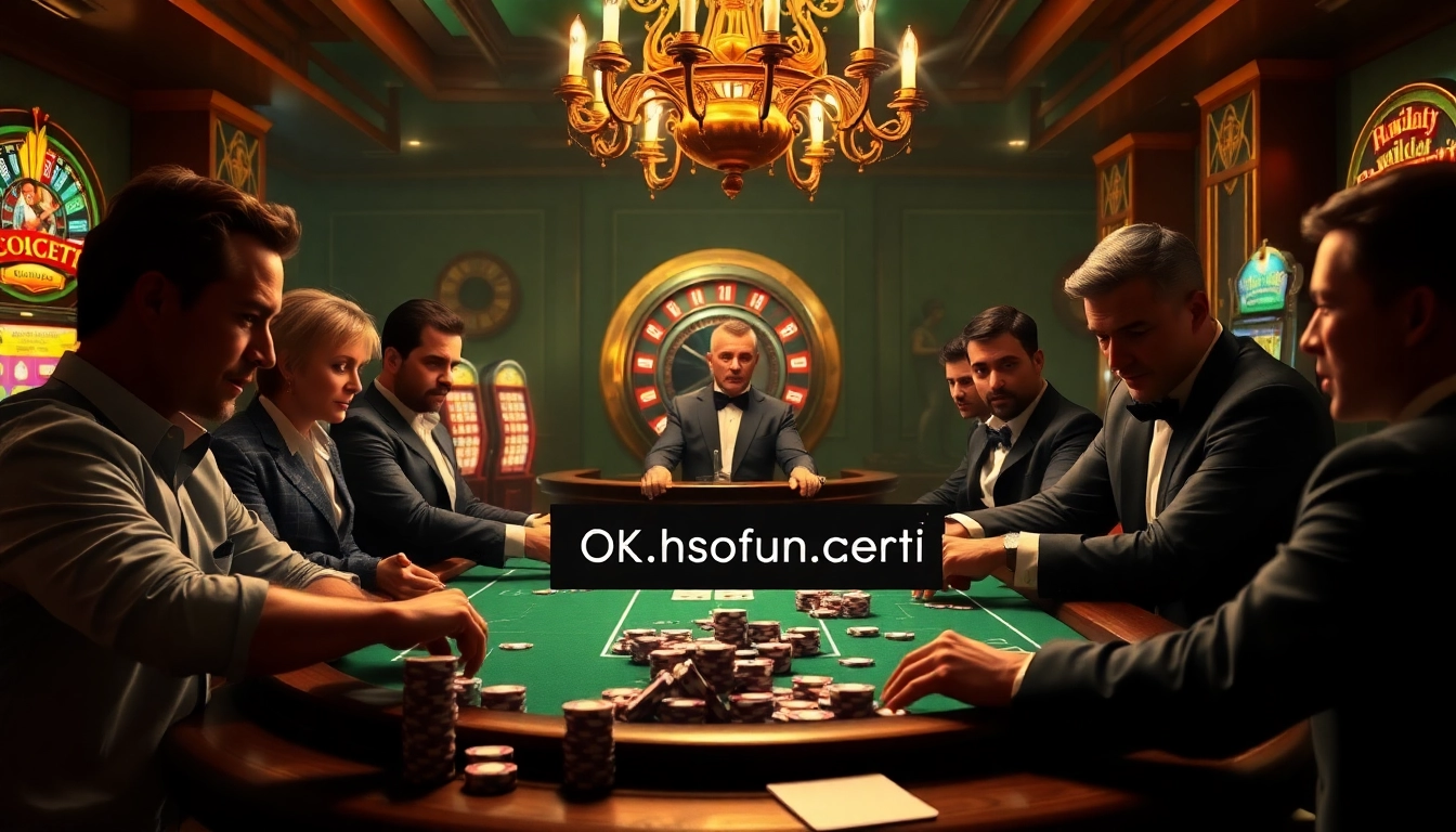 Experience high-stakes poker excitement at https://okfun.center/, featuring a luxurious casino scene with vibrant chips and cards.