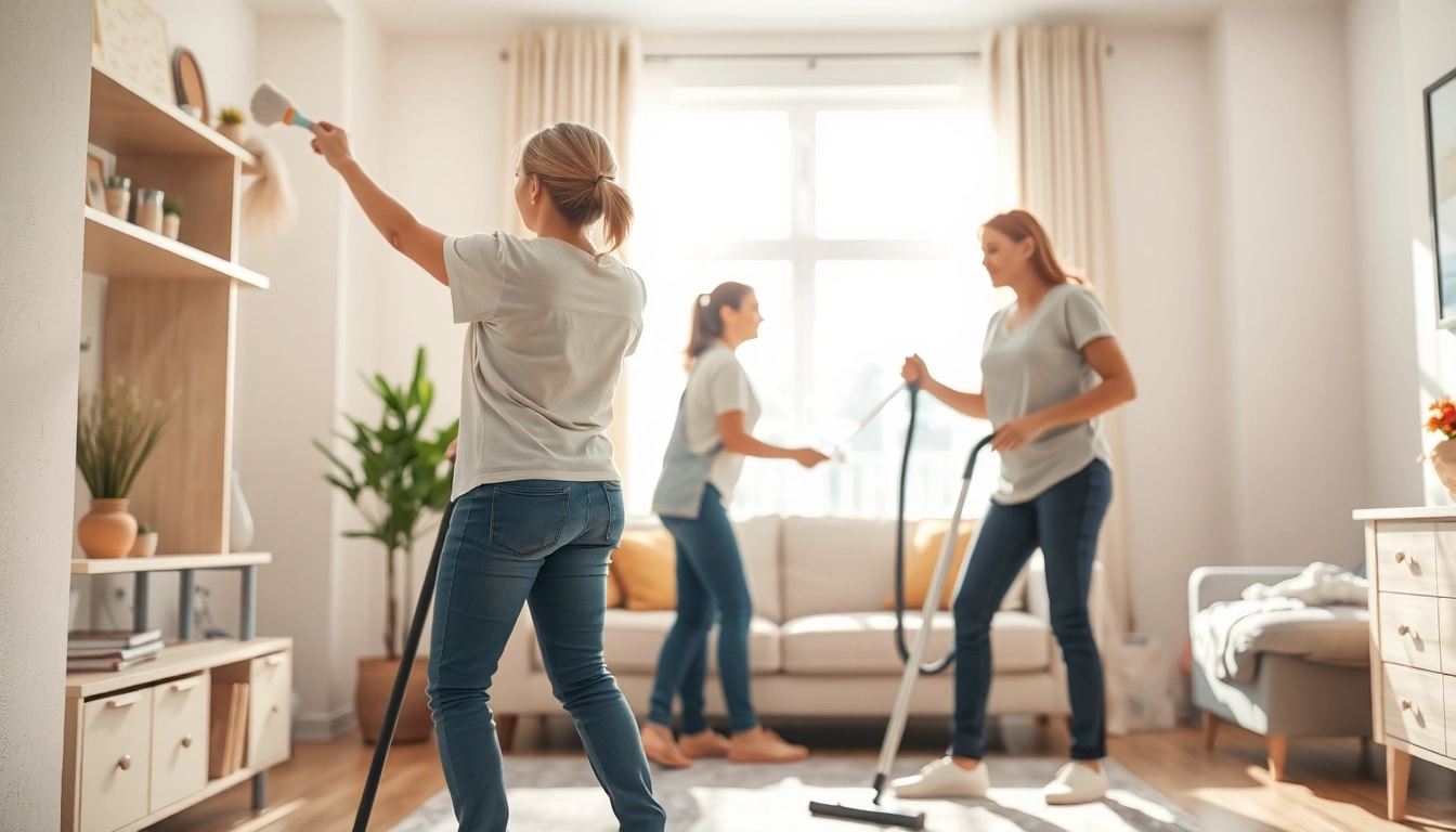 Cleaning Service team professionally cleaning a bright living room, showcasing teamwork and attention to detail.