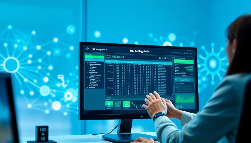 Veranschaulichen Sie die HL7 Schnittstelle mit einem Computerbildschirm und Datenmanagement in der Gesundheitsversorgung.