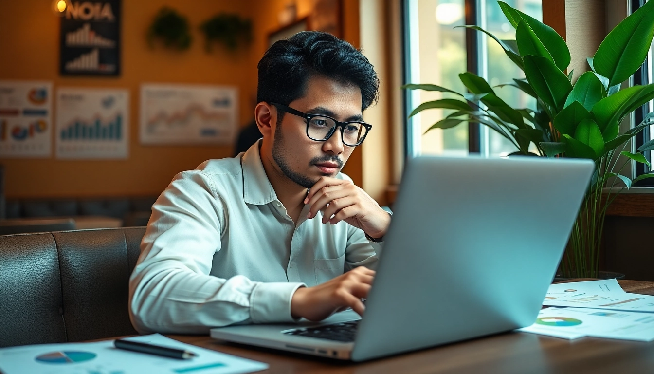 SEO Malaysia: Professional consultant analyzing strategies in a cozy café setting.