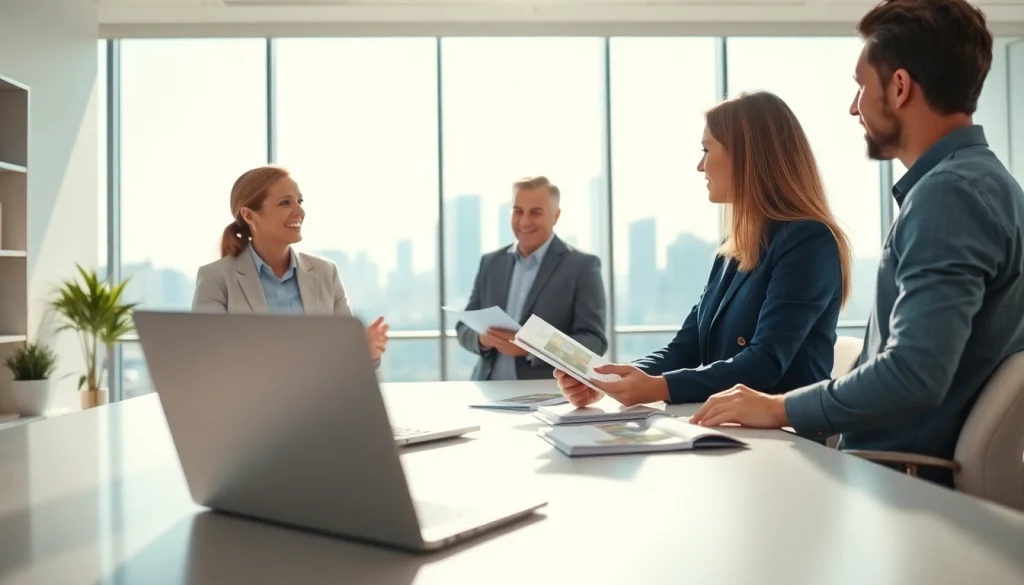 Engaging real estate agent discussing listings with clients in a modern office setting.