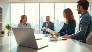 Engaging real estate agent discussing listings with clients in a modern office setting.
